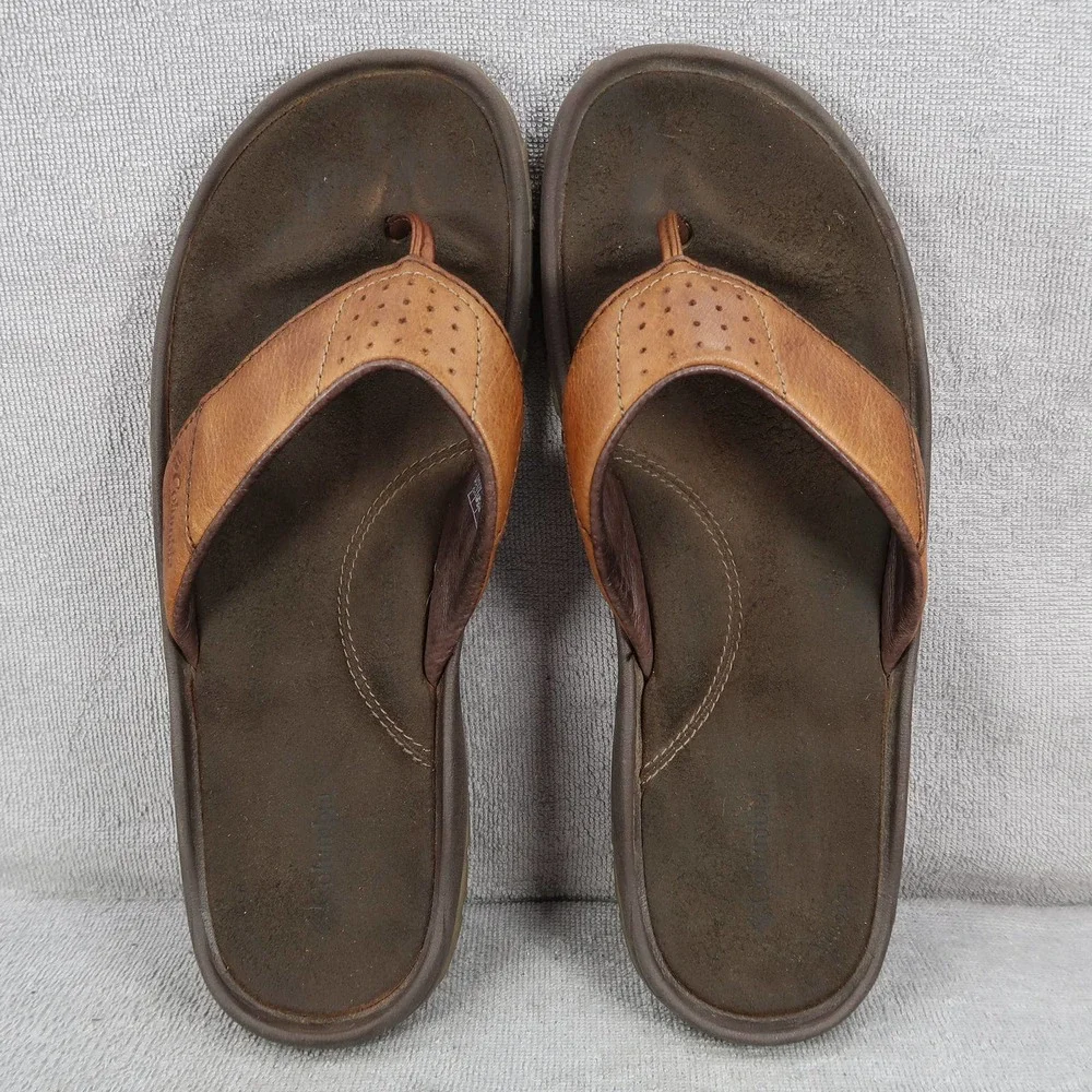 Columbia Nassau Mens 11 Brown Leather Slip On Thong Flip Flop Sandals_5